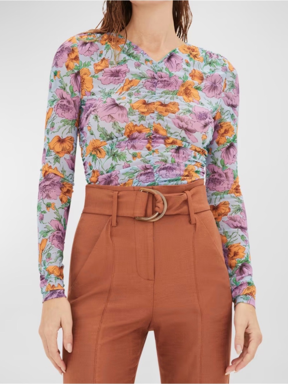 Veronica Beard Myrna Lavender and Orange Floral Ruched Long-Sleeve V-Neck Top